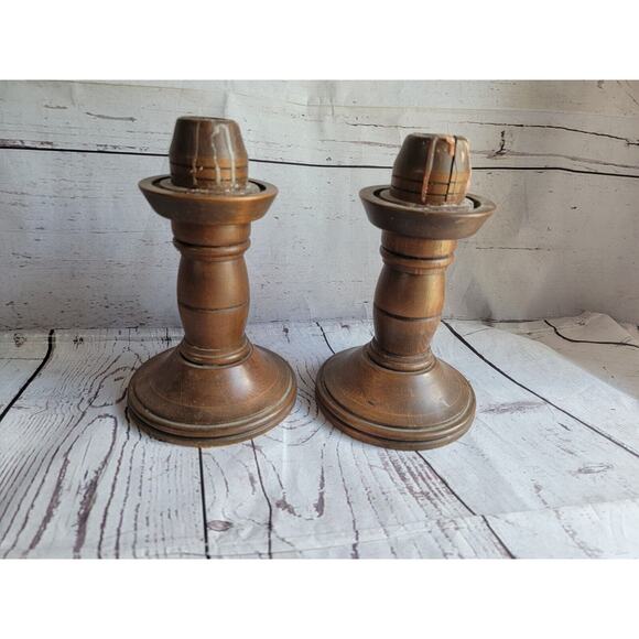 Vintage Pair Of Hand Carved MCM Wooden Candle Stick Holders 8.5 Inch READ - Picture 7 of 10